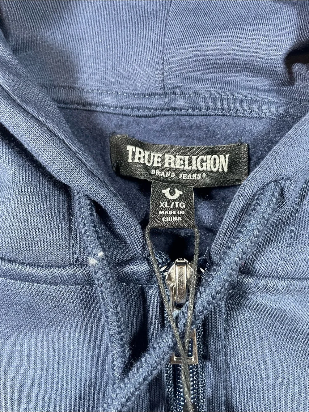 True Religion Men's Navy Zip-Up Hoodie with Red Logo and White Graphic